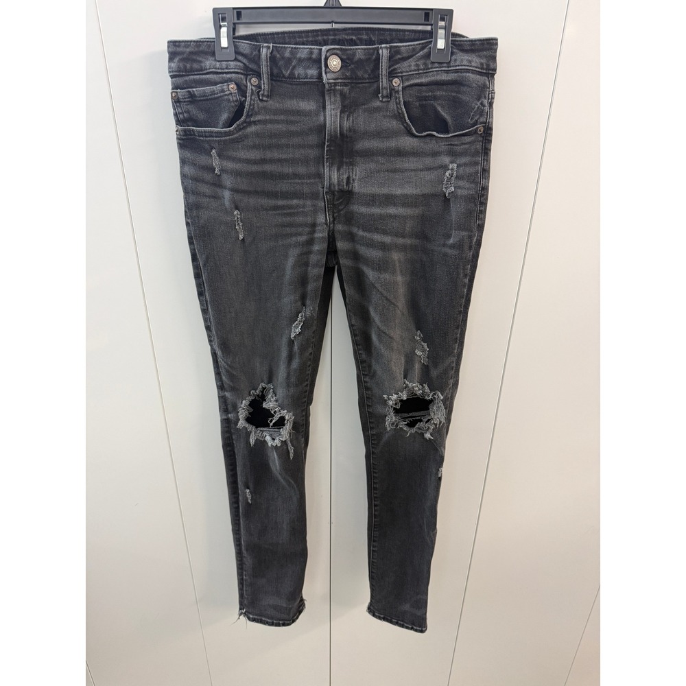 American Eagle Airflex+ Skinny Distressed Black Jeans Mens 33x32 Ripped Denim